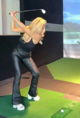 Paige Spiranac Stylish Golf Attire Leather Pants and Platform Heels